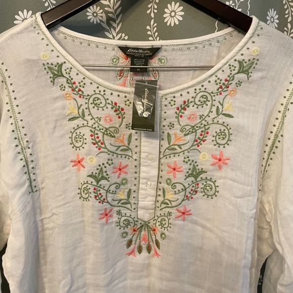 NEW‎ Eddie Bauer Embroidered Gauze Tunic Top White Coastal Boho Cottage Lagen XL - Picture 2 of 9